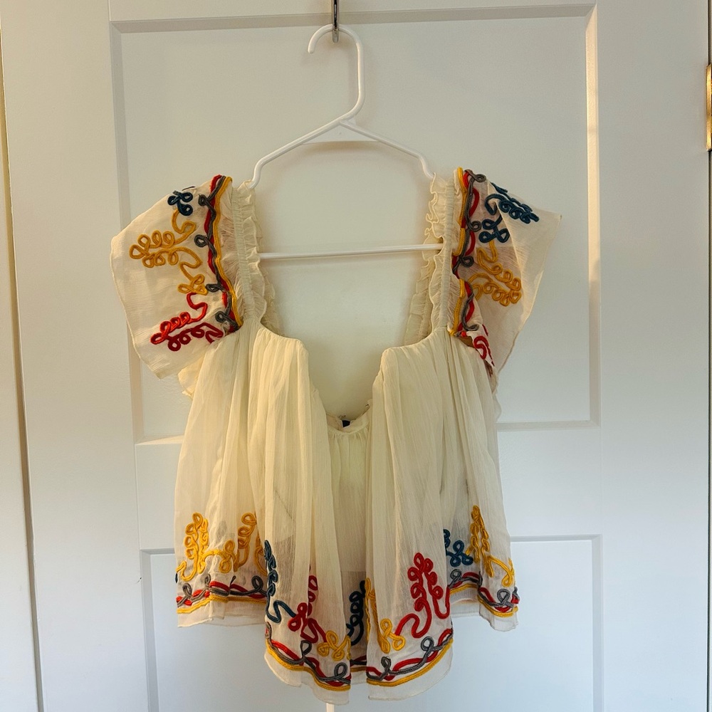 Tularosa Cream Blouse with Flutter Sleeves and Embellished Bib Collar